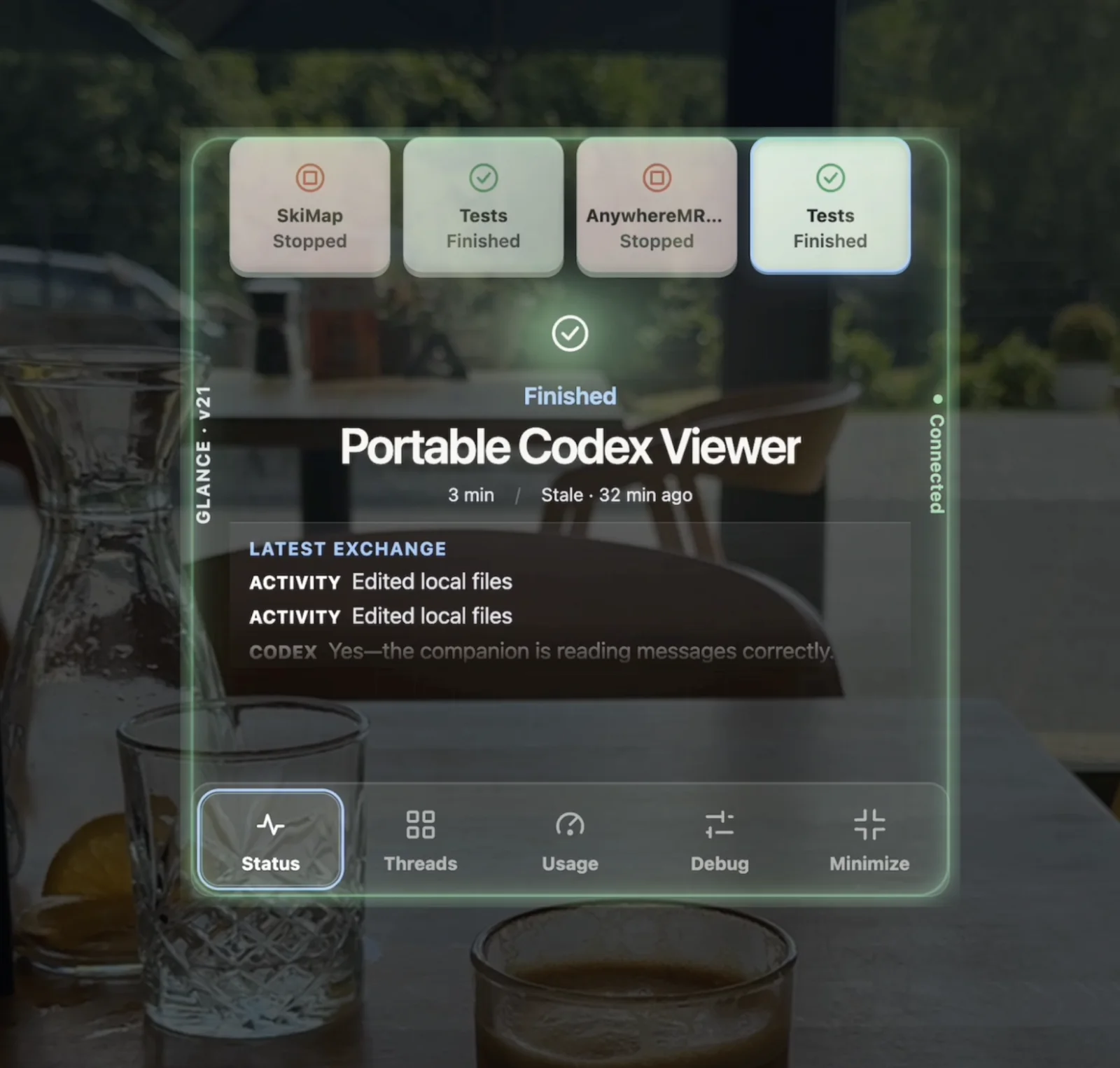 Glance running on Meta Ray-Ban Display, showing finished Codex tasks and the latest shared activity.